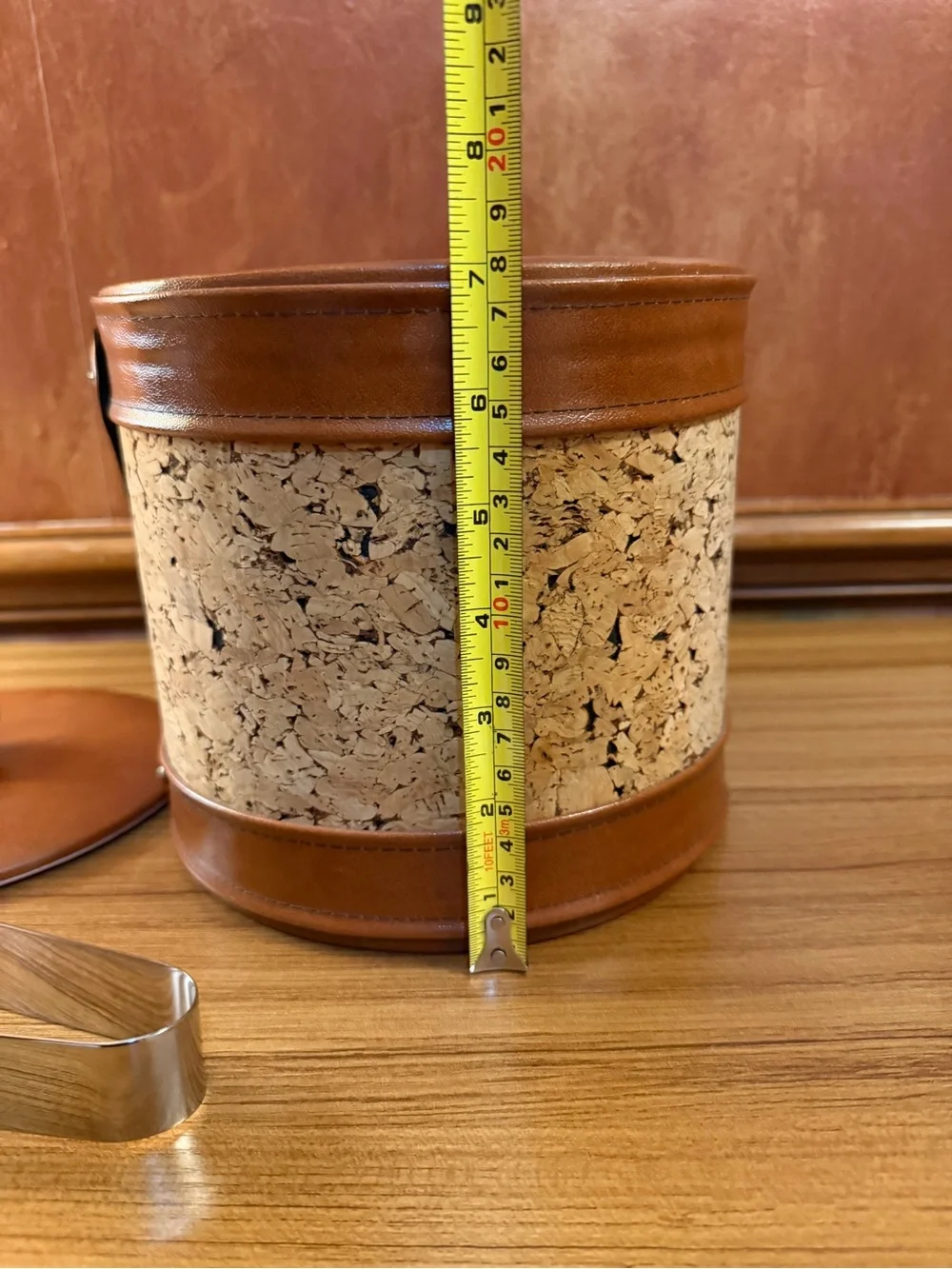 Vintage Mid Century Modern Cork Ice Bucket Faux Leather MCM Barware Tongs Set